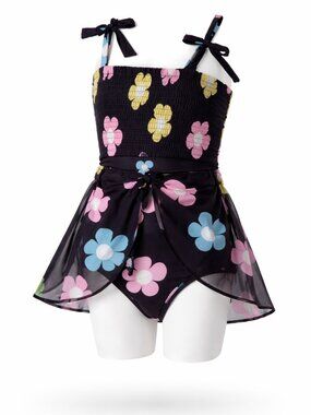 Jessica Simpson Girls 3T Black Floral Swimsuit 2pc Set NWT With Cover-Up Skirt